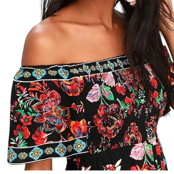Lulus Black Vibrant Floral Off Shoulder Hi Lo Dress M Boho Tropical Vacation - Picture 2 of 10